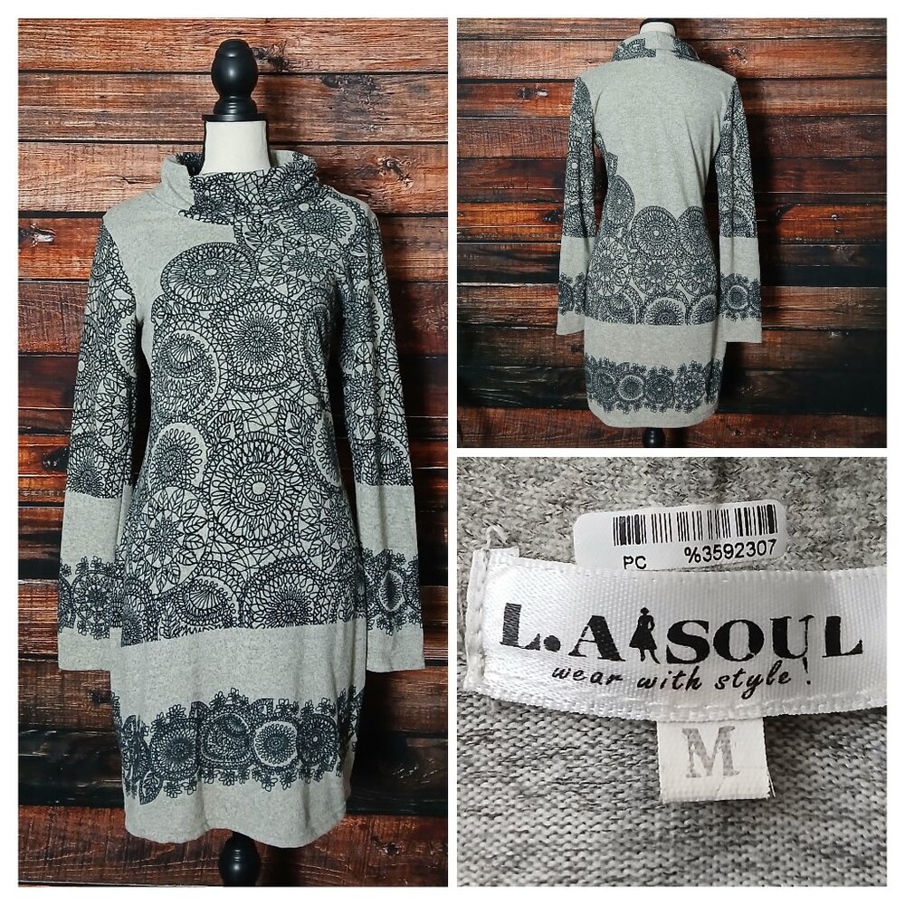 LA Soul Sweater Dress M Cowl Neck Gray Black Mandala Soft Knit Tunic